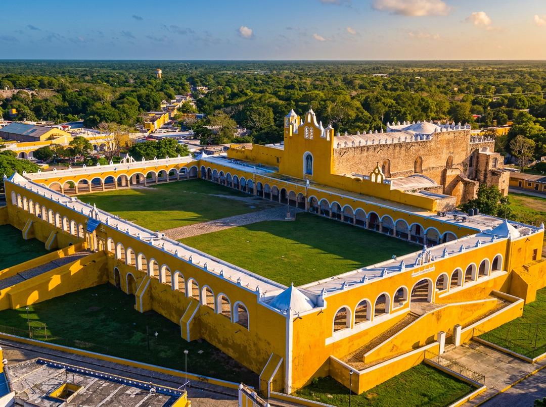 Vista panorámica de Izamal con sus calles pintadas de amarillo y la pirámide Kinich Kakmó
